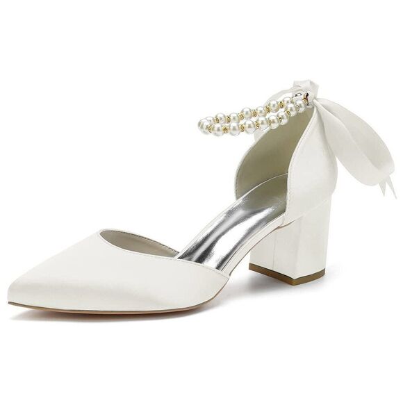 Women\'s Pointed Toe Pearl Wedding Shoes For Bride Low Heels Satin Heels With Bo main image 3